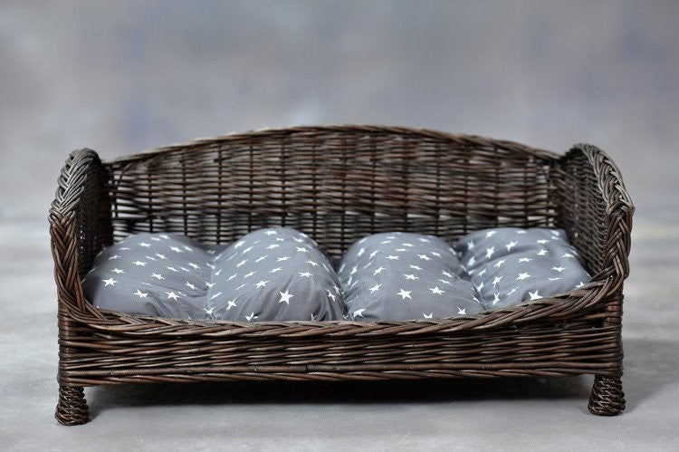 Dark Wicker Pet Bed Alfie With Cushion, 74×52 cm