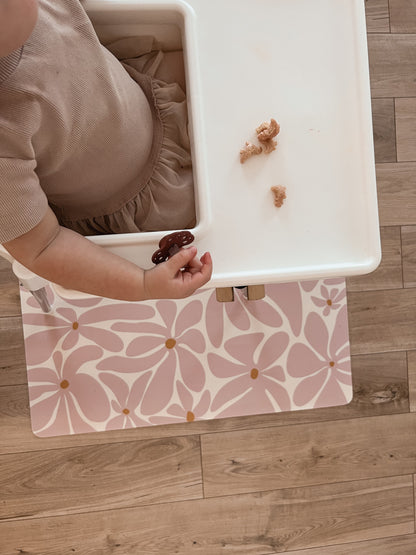 Kids Mealtime Floor Mat, Non-Slip & Waterproof - Daisy Pink