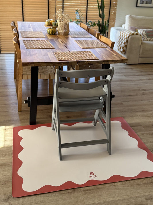 Kids Mealtime Floor Mat, Non-Slip & Waterproof - Red Frame